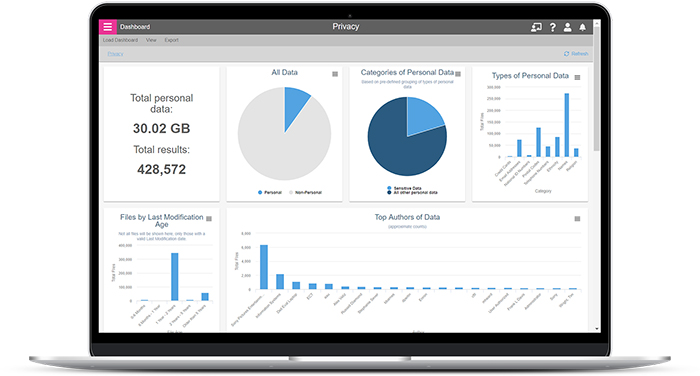 The Privacy Dashboard visualizes sensitive data by attribute type with drill down to view or tag for workflows.